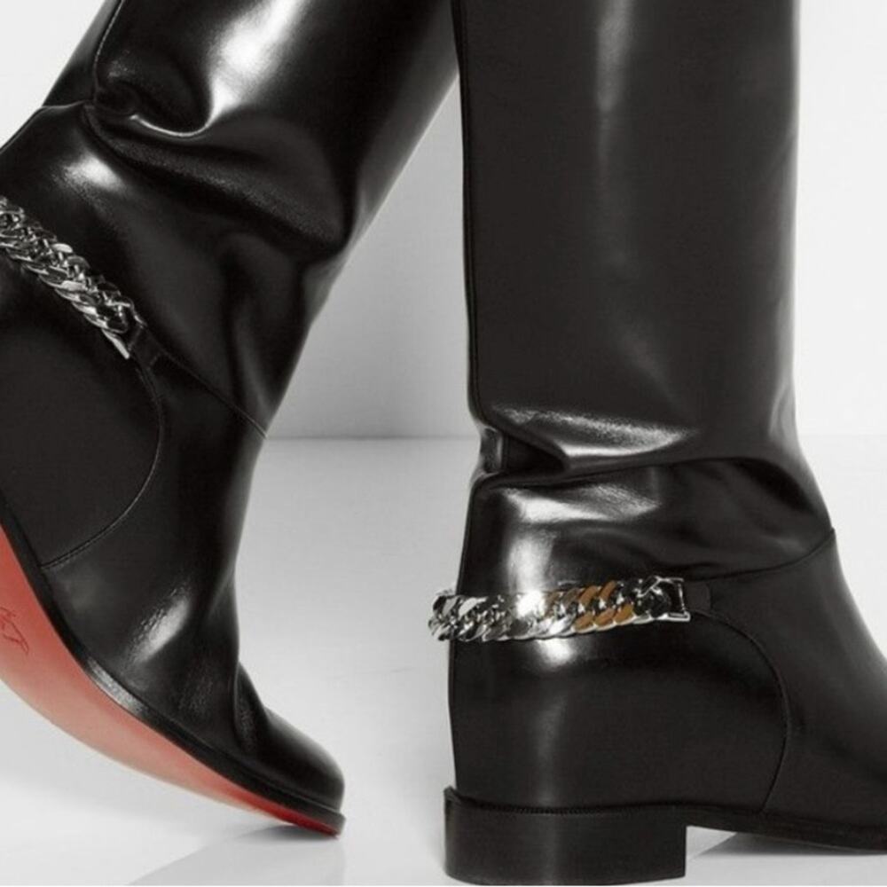Christian Louboutin Black Chain Moto Biker Ankle Boots Size 37.5